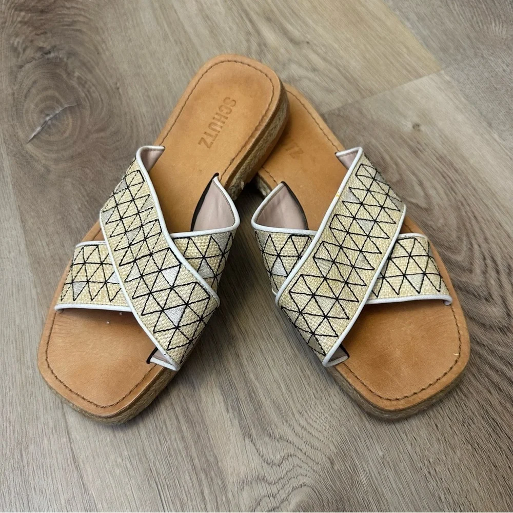 SCHUTZ Beige and Black Geometric Sandals